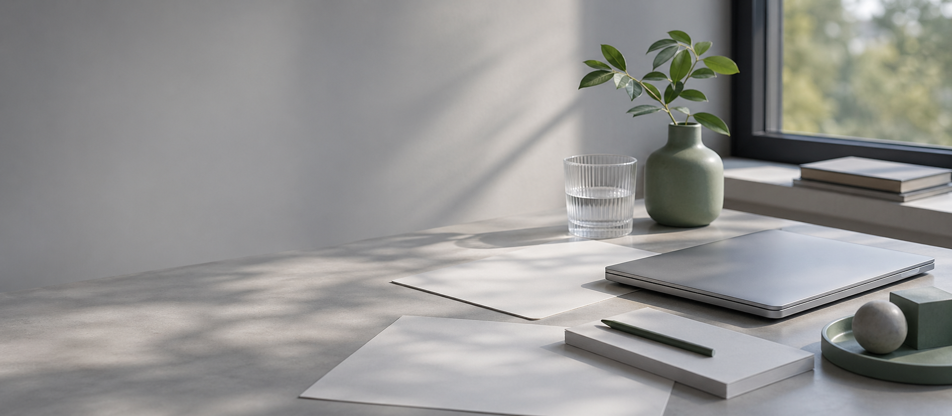 Helle Schreibtischszene mit Glas, Papier und Pflanzen als Sinnbild für strukturierte psychologische Diagnostik